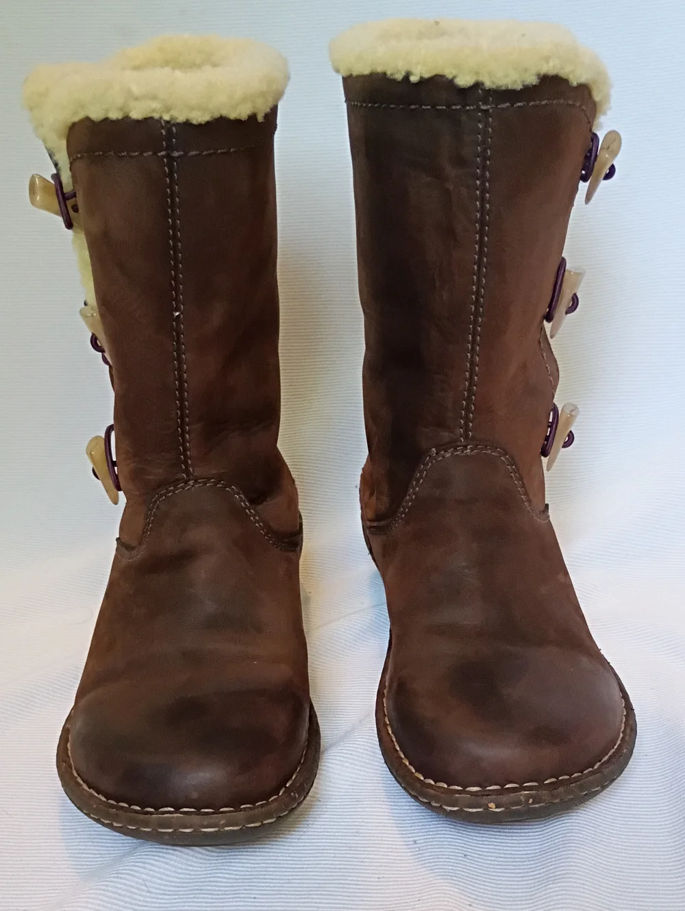 UGG Brown Leather Shearling-Lined Mid-Calf Boots with Purple Accents